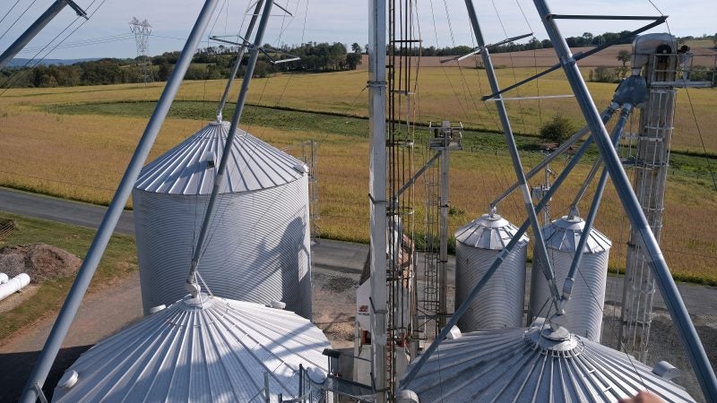 The view of the operation from atop a grain silo Sept. 27, 2019, at Braucher Farms in Centre Township, Pennsylvania. (Matt Smith for Keystone Crossroads)