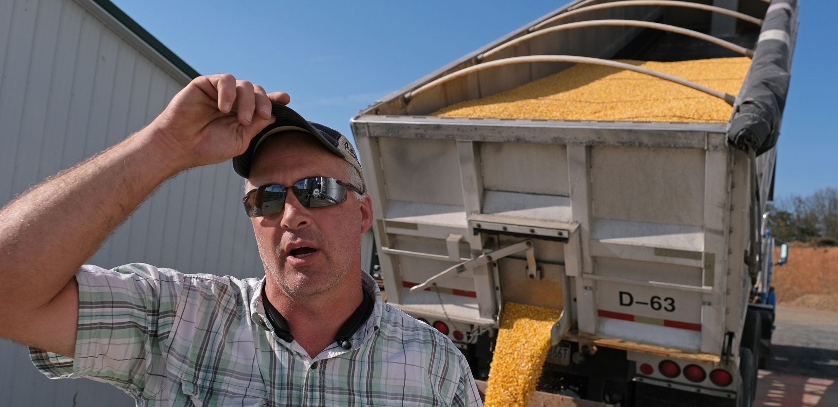 Grain farmer Mike Braucher works on unloading harvested corn Sept. 27, 2019, at Braucher Farms in Centre Township, Pennsylvania. (Matt Smith for Keystone Crossroads)