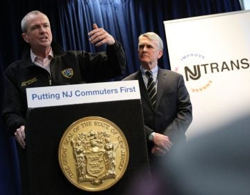 Gov. Phil Murphy speaks about investing in NJ Transit as Kevin Corbett, the agency’s executive director, looks on, March 19, 2019. (Edwin J. Torres/ Governor's Office)