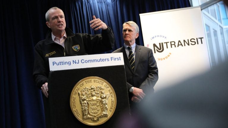 Gov. Phil Murphy speaks about investing in NJ Transit as Kevin Corbett, the agency’s executive director, looks on, March 19, 2019. (Edwin J. Torres/ Governor's Office)