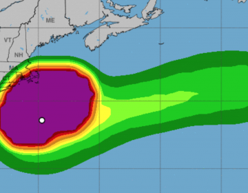 A National Hurricane Center image depicting the probability of tropical storm force winds associated with Subtropical Storm Melissa, which will not be a factor in New Jersey.  The probabilities range from five to 10 percent (green) to 90 to 100% (purple). (National Hurricane Center/NOAA)