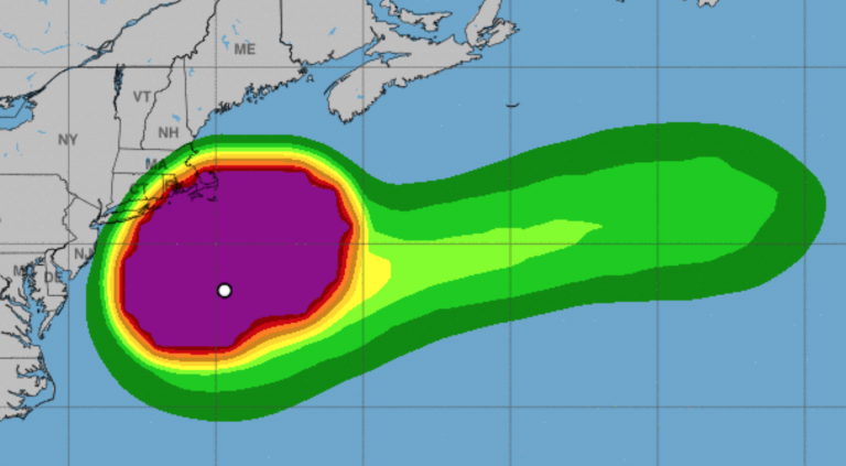 A National Hurricane Center image depicting the probability of tropical storm force winds associated with Subtropical Storm Melissa, which will not be a factor in New Jersey.  The probabilities range from five to 10 percent (green) to 90 to 100% (purple). (National Hurricane Center/NOAA)