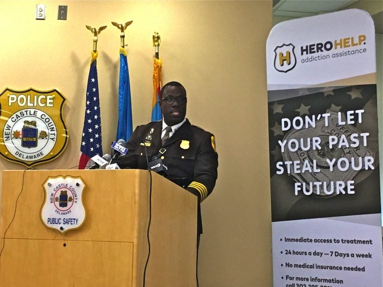 New Castle County Police Chief Vaughn Bond announces details of the new behavioral health unit at police headquarters in Minquadale, Delaware. (Mark Eichmann/WHYY)