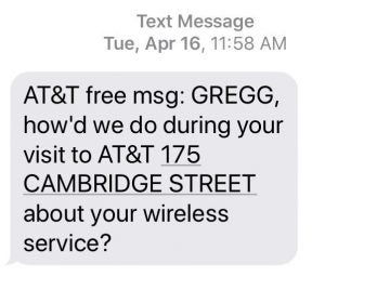 After regaining control of his number, Gregg Bennett says he received this automatic text message from the AT&T store in Boston that he believes was used by the SIM-swappers. (Martin Kaste/Gregg Bennett)