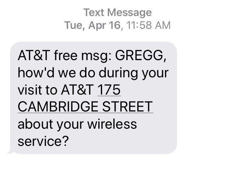 After regaining control of his number, Gregg Bennett says he received this automatic text message from the AT&T store in Boston that he believes was used by the SIM-swappers. (Martin Kaste/Gregg Bennett)