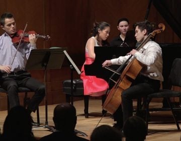 Lun Li, violin; Chase Park, cello; Janice Carissa, piano on stage at Curtis