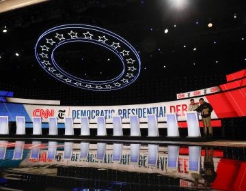 The stage is prepared where the CNN/New York Times will host the Democratic presidential primary debate at Otterbein University, Tuesday, Oct. 15, 2019, in Westerville, Ohio. (AP Photo/John Minchillo)