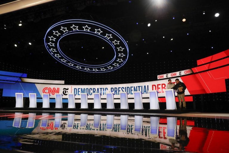 The stage is prepared where the CNN/New York Times will host the Democratic presidential primary debate at Otterbein University, Tuesday, Oct. 15, 2019, in Westerville, Ohio. (AP Photo/John Minchillo)