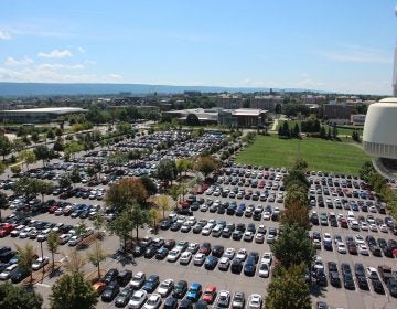 From the top of Beaver Stadium, one of the biggest stadiums in the world, it's possible to see just part of Penn State's central campus in State College, Pa. (Dan Charles)