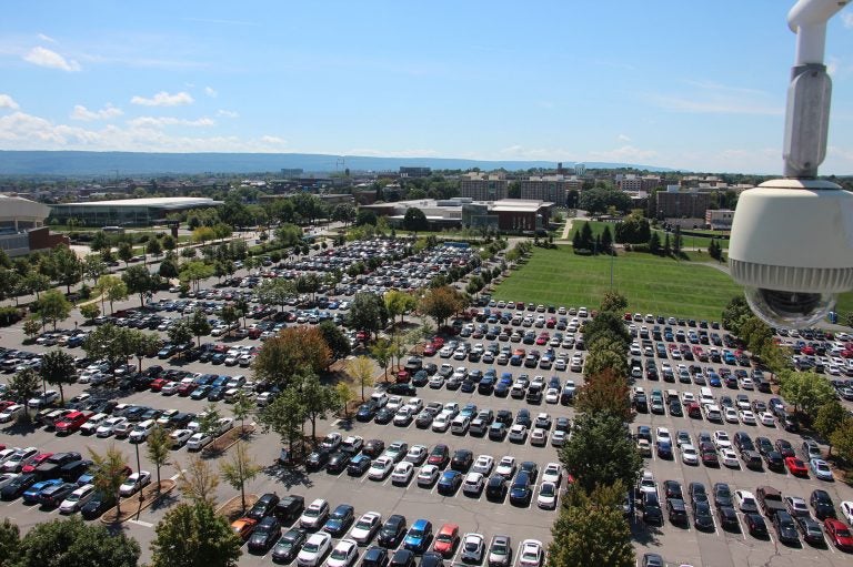 From the top of Beaver Stadium, one of the biggest stadiums in the world, it's possible to see just part of Penn State's central campus in State College, Pa. (Dan Charles)