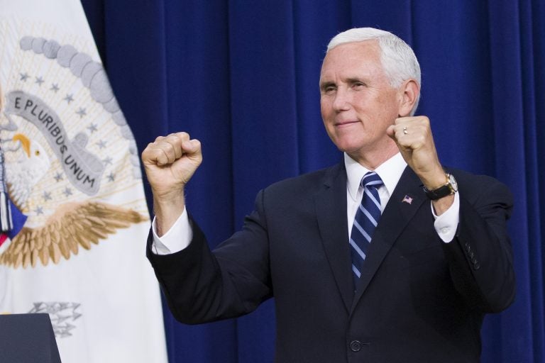 Vice President Mike Pence reacts during an immigration and naturalization ceremony in the Eisenhower Executive Office Building on the White House grounds, Tuesday, Sept. 17, 2019, in Washington. (AP Photo/Alex Brandon)