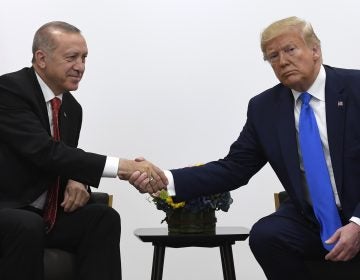 President Donald Trump, right, shakes hands with Turkish President Recep Tayyip Erdogan, left, during a meeting on the sidelines of the G-20 summit in Osaka, Japan, Saturday, June 29, 2019. (AP Photo/Susan Walsh)