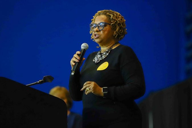 City Council President Hanifa Shabazz gives remarks during Kind to Kids Foundation’s 4th Annual My Blue Duffel Community Service Day. (Saquan Stimpson for WHYY)