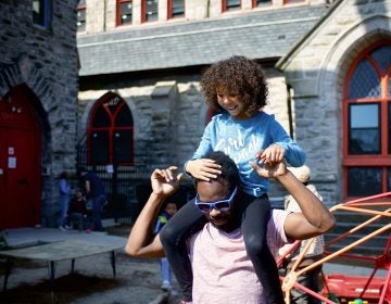 Aliyah, 8 and father, Kalif Troy, of West Philadelphia, participate in a play date with the Fathering Circle on Saturday, October 12, 2019. (Bastiaan Slabbers for WHYY)