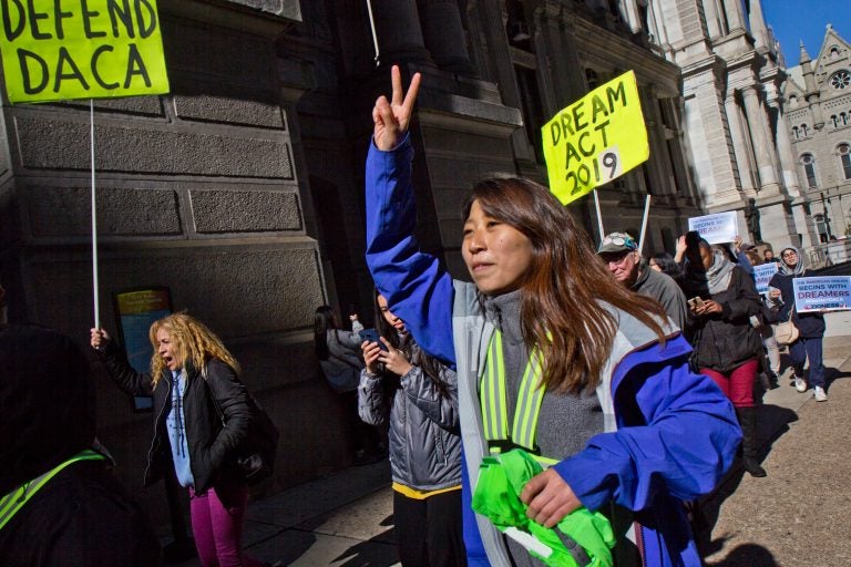 Protesters fighting to save  DACA are marching from New York to Washington D.C. ahead of a Supreme Court hearing. They stopped in Philadelphia on their way to D.C. (Kimberly Paynter/WHYY)