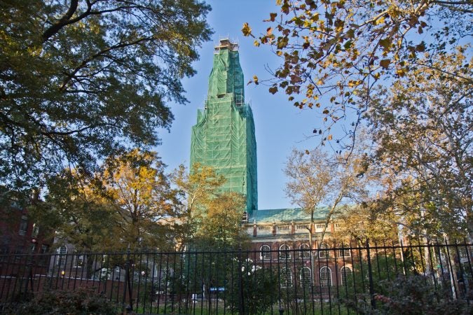 The Christ Church tower and steeple is under sacaffolding until Janurary 2020. (Kimberly Paynter/WHYY)