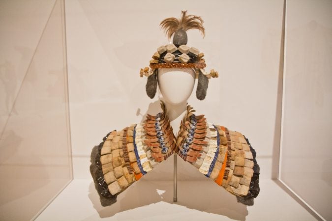 Debra Rapoport’s Epaulets and Hood in the Off the Wall: American Art to Wear Exhibit. (Kimberly Paynter/WHYY)