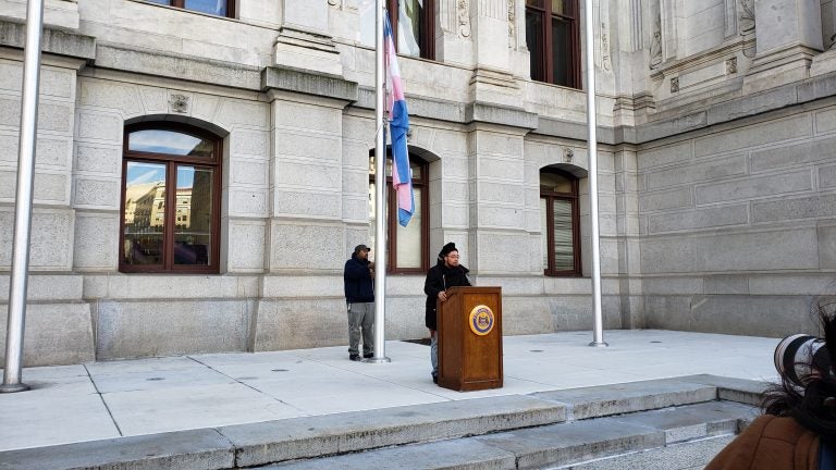 Flag raising at Philadelphia City Hall marks Trans Day of Remembrance (Tom MacDonald/WHYY)