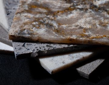 Samples of Silestone, a countertop material made of quartz. Cutting the material releases dangerous silica dust that can damage people's lungs if the exposure to the dust is not properly controlled. (Catie Dull/NPR)