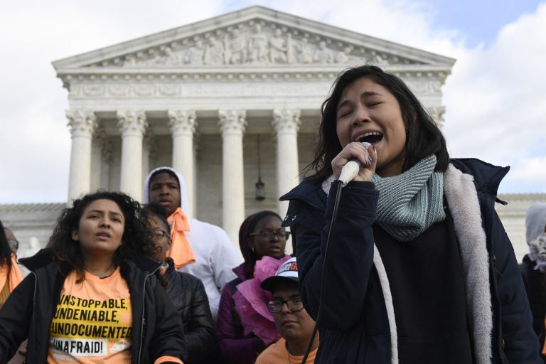 Michelle Lainez, 17, originally from El Salvador but now living in Gaithersburg, Md., speaks during a rally outside the Supreme Court in Washington. (Susan Walsh/AP Photo)