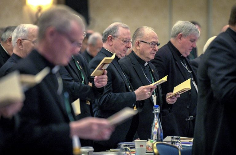 Bishops sing during an opening hymn at the start of the United States Conference of Catholic Bishops Fall General Assembly at the Baltimore Marriott Waterfront Monday, Nov. 11, 2019.  (Jerry Jackson/The Baltimore Sun via AP)