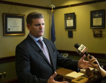 Sen. John Yudichak of Luzerne County speaks with members of the media at the Pennsylvania Capitol in Harrisburg, Pa., Tuesday, Nov. 19, 2019. Yudichak, who represents an area that shifted decisively to support Donald Trump in 2016’s presidential election is switching his registration to become an independent and will caucus with the Republican majority. (Matt Rourke/AP Photo)