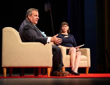 Former New Jersey Gov. Chris Christie addresses crowd during Q&A with University of Delaware professor Lindsay Hoffman. (Kevin Quinlan/University of Delaware)