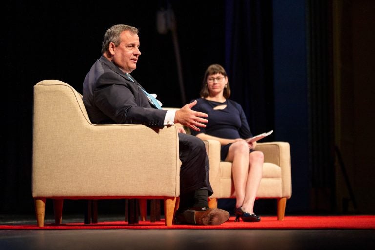 Former New Jersey Gov. Chris Christie addresses crowd during Q&A with University of Delaware professor Lindsay Hoffman. (Kevin Quinlan/University of Delaware)