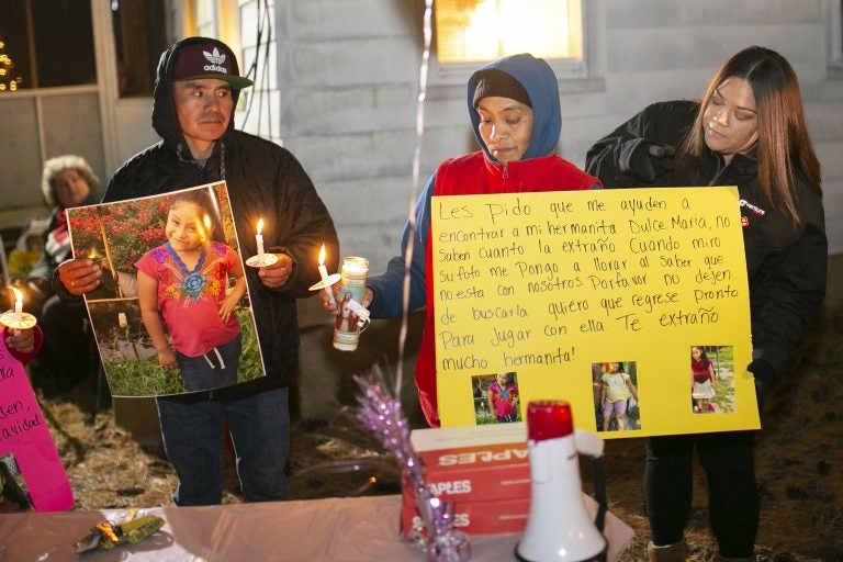 A vigil for missing 5-year-old Dulce Maria Alavez is held outside a home in Bridgeton, N.J. on Saturday, November 16, 2019. (Miguel Martinez for WHYY)