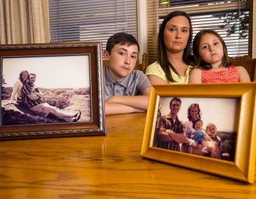 Suzanne Yorty lost her fiancee, partner, and father of her children, Ryan Myers, to a drug overdose in 2016. She is shown with her children, Jarryn, 12, and Sophia, 6.  Ryan would have turned 32 on May 15. On the table are photos taken on Ryan's 27th birthday in 2013. The family was on an outing in Gettysburg. They are shown in their suburban York home.   (Charles Fox / The Philadelphia Inquirer)