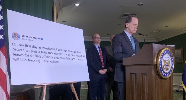 Sen. Pat Toomey speaks in Harrisburg on Nov. 8, 2019. He sponsored a bill aimed at barring future presidents from banning fracking. (Katie Meyer/WITF)