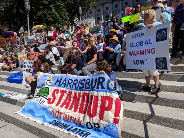 Demonstrators gather on the steps of the state capitol in Harrisburg to demand action on climate change on Friday, September 20, 2019. (Rachel McDevitt/WITF)