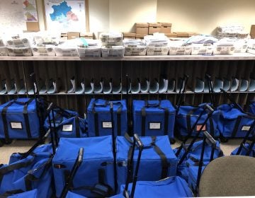 Bags for ballots sit in the York County elections office on Nov. 6, 2019. (Ed Mahon/PA Post)