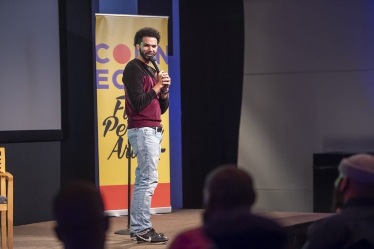 Comedian Che Guerrero opened the event. (Jonathan Wilson for WHYY)