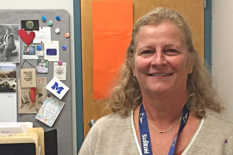 Joyce O’Connor in her office at Mashpee Middle-High School in Mashpee, Mass. (Kate O’Connell/For WHYY)