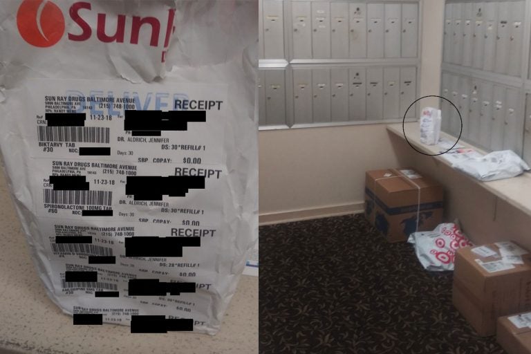 Jane Doe's prescription drugs, clearly labeled, were left in her Delaware County apartment building’s common mailroom. (Photos courtesy of Jane Doe)