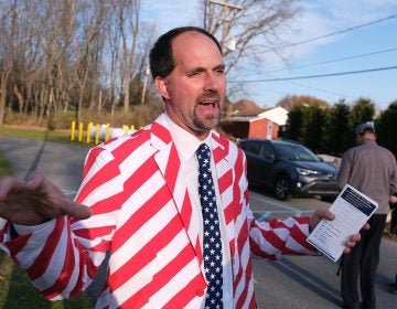 Tamaqua School Board candidate Tom Bartasavage, a supporter of the gun policy, won election Tuesday. Here pictured standing outside a polling location at the Hometown Armory on Nov. 5, 2019. (Matt Smith for Keystone Crossroads)