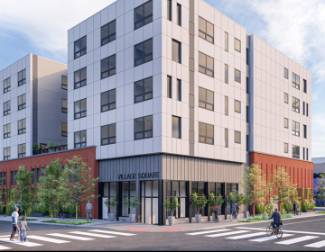 An artist's rendering of the Village Square on Haverford development, as seen from the intersection of 37th Street and Haverford Avenue. (WRT/Lomax Real Estate)