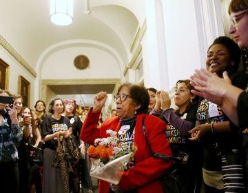 Mercedes Reyes (center), a live-in domestic worker and leader within the Pennsylvania Domestic Workers Alliance, cheers after City Council passed a bill expanding labor protections for domestic workers. (Tim Tai/The Philadelphia Inquirer)