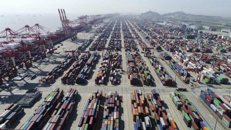 A container dock of Yangshan Port in Shanghai. About 99% of the shoes sold in America are made overseas, with China being the largest manufacturer by far. (Anonymous/AP Photo)