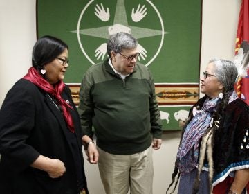 Attorney General William Barr speaks with Myrna DuMontier (left) and Charmel Gillin (right), councilwomen with the Confederated Salish and Kootenai Tribes on the Flathead Reservation in Pablo, Mont. (Patrick Semansky/AP Photo)