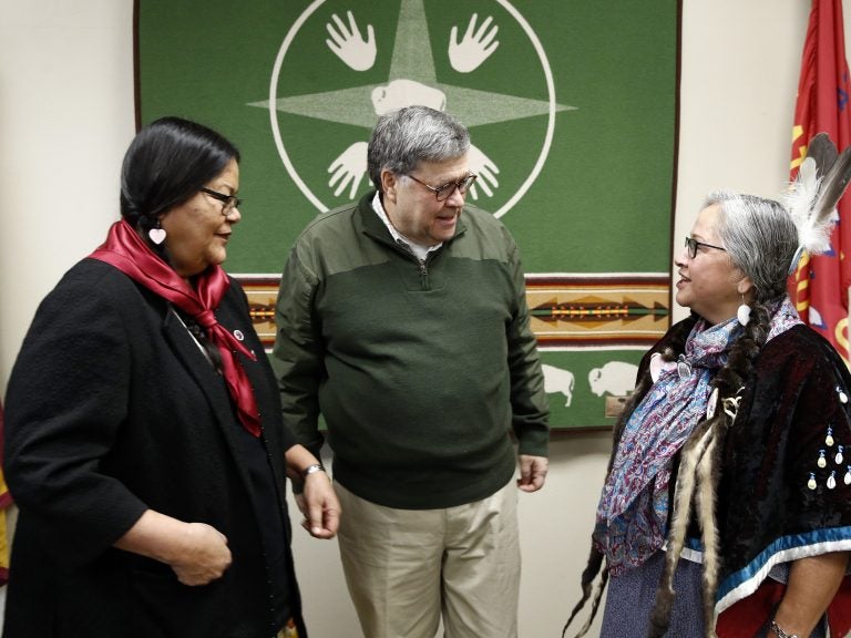 Attorney General William Barr speaks with Myrna DuMontier (left) and Charmel Gillin (right), councilwomen with the Confederated Salish and Kootenai Tribes on the Flathead Reservation in Pablo, Mont. (Patrick Semansky/AP Photo)