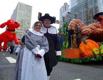 The Philadelphia Thanksgiving Day Parade has reached its 100th year. In a scene from the 2018 parade, pilgrims, a turkey, and Clifford the Big Red Dog make their way through Center City. (Bastiaan Slabbers for WHYY)