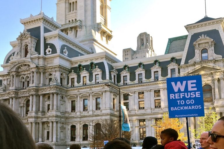 Philadelphians march for civil rights outside City Hall in 2016. (Alexa Smith/Billy Penn)