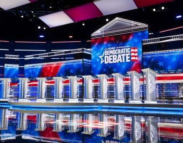 In this Tuesday, Nov. 19, 2019 photo, the stage for the Democratic presidential primary debate is shown before Wednesday's debate in Atlanta. (AP Photo/John Amis)