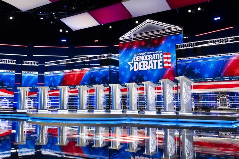 In this Tuesday, Nov. 19, 2019 photo, the stage for the Democratic presidential primary debate is shown before Wednesday's debate in Atlanta. (AP Photo/John Amis)