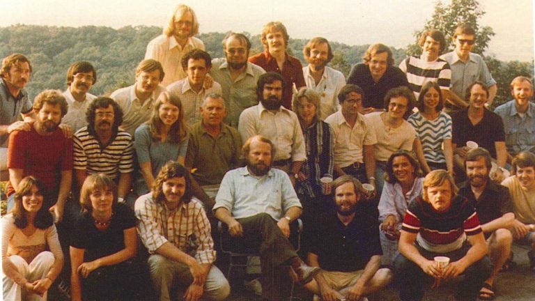 The team known informally as the “environmental strike force,” in 1974. Front row, left to right: Elissa Parker; Barb Brandon; Pat McGinley; Bill Eichbaum; Jack Krill; Betsy McCoubrey; Tom Burke; Dennis Coyne; Dennis Strain. Second row, left to right: Eric Pearson; Paul Burroughs; Maxine Woelfling; Bill Oberdorfer; John Carroll; Karin Carter; Tom Oravetz; Bob Shusterman; Fran Dubrowski; Dennis Harnish; Ward Kelsey. Back row, left to right: Gene Dice; Tim Weston; Doug Blazey; Doug White (behind Blazey); Drew Dorfman; Dick Ehmann; Terry Bossert; Bob Yuhnke; Jim Rochow; Ralph Kates; Mike Alushin. (Provided)