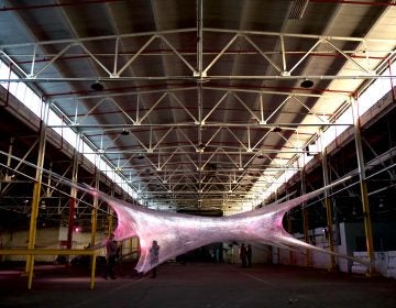 Industrial artists Numen/For Use spin a cocoon of suspended tunnels inside an unused warehouse. (Kimberly Paynter/WHYY)