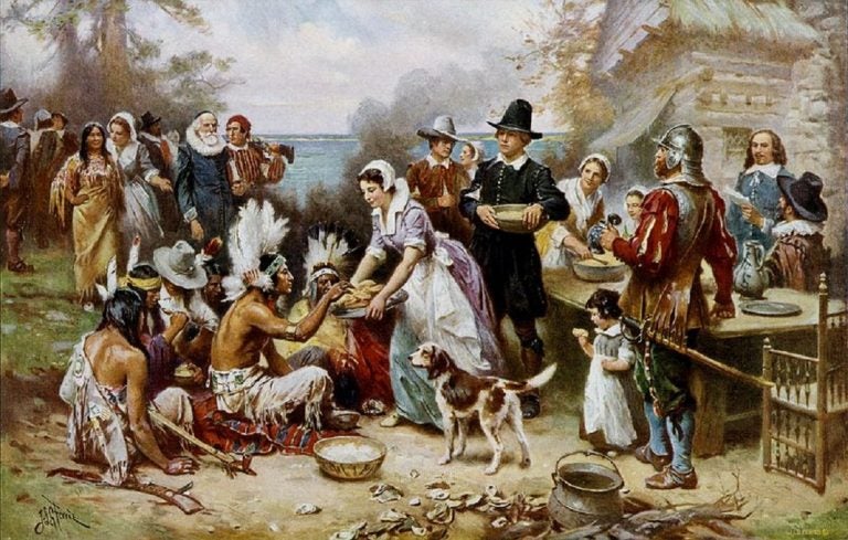 (The First Thanksgiving by J.L.G. Ferris. circa 1912/Wikimedia Commons)