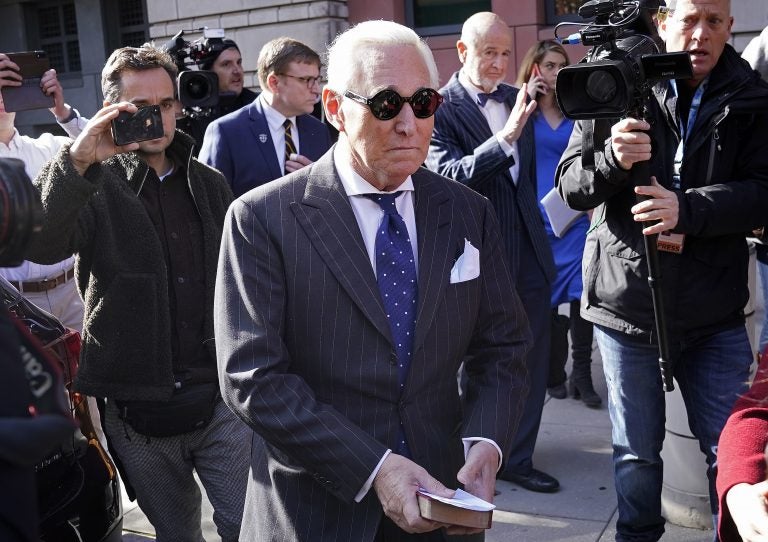Former adviser to President Trump, Roger Stone, leaves the courthouse after being found guilty of obstructing a congressional investigation into Russia's interference in the 2016 election on Friday in Washington, D.C. (Win McNamee/Getty Images)